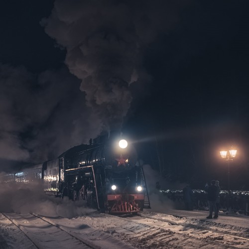 фотограф сергей крылов  железная дорога паровоз рускеальский экспресс зима ночь карелия