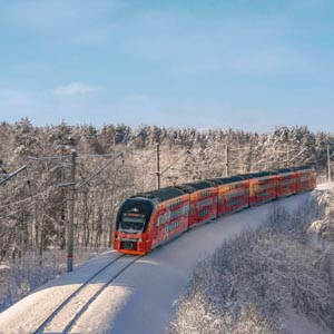железнодорожный фотограф сергей крылов зима лес ржд аэроэкспресс штадлер  stadler kiss эш2 снег домодедово